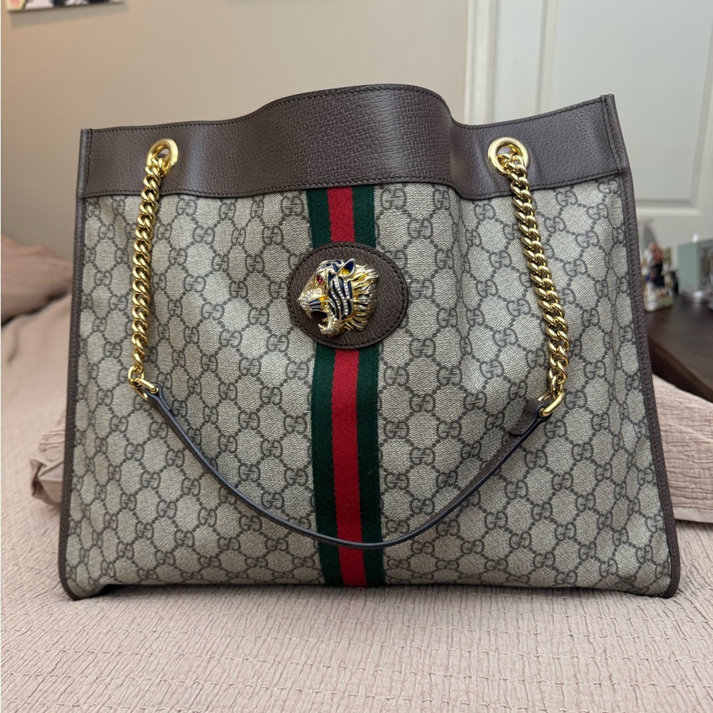 Gucci GG Supreme Canvas Tote with Green-Red Web and Gold Hardware